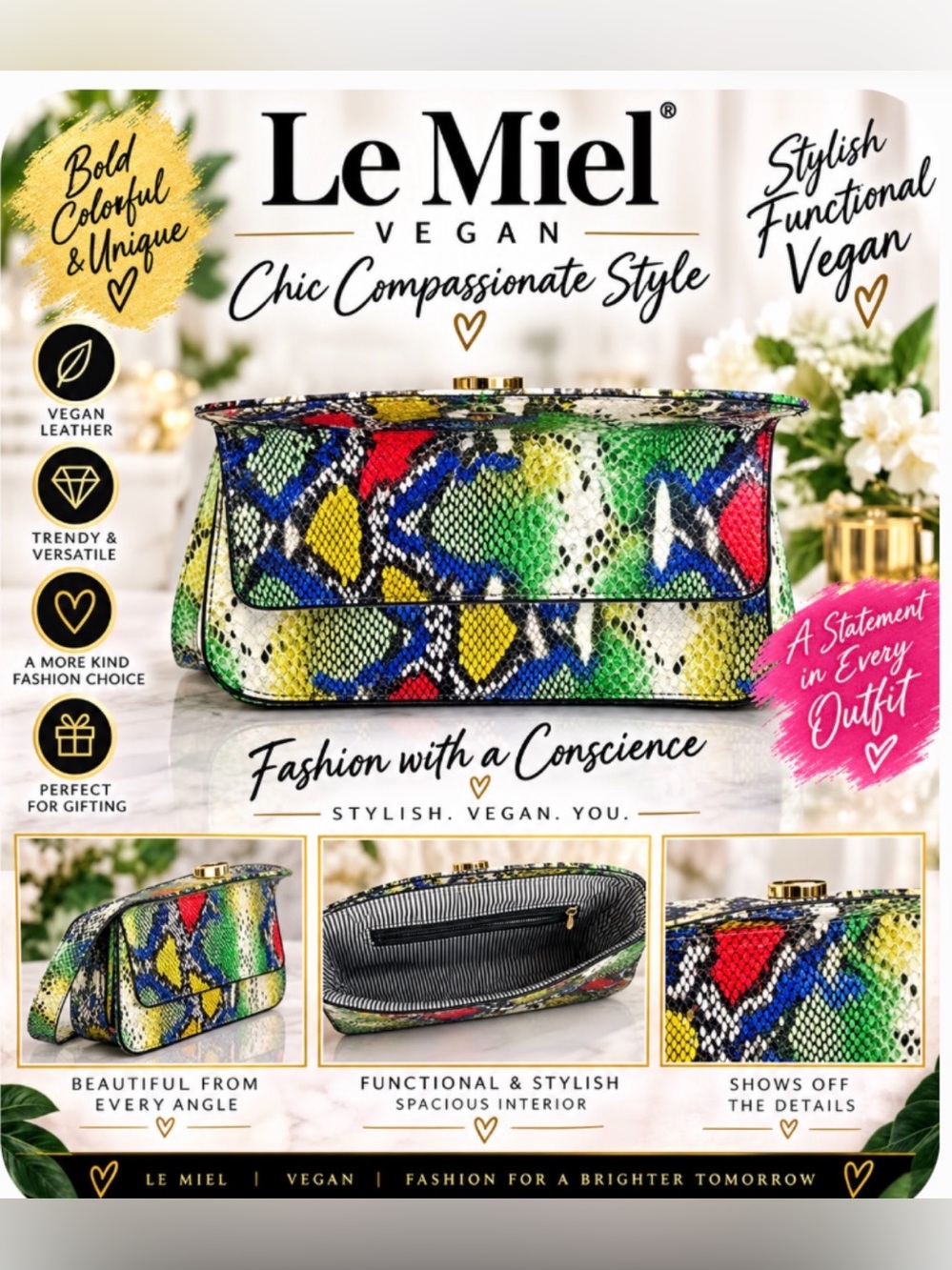 Le Miel Snakeskin Vegan Leather Multicolor Shoulder Bag Purse